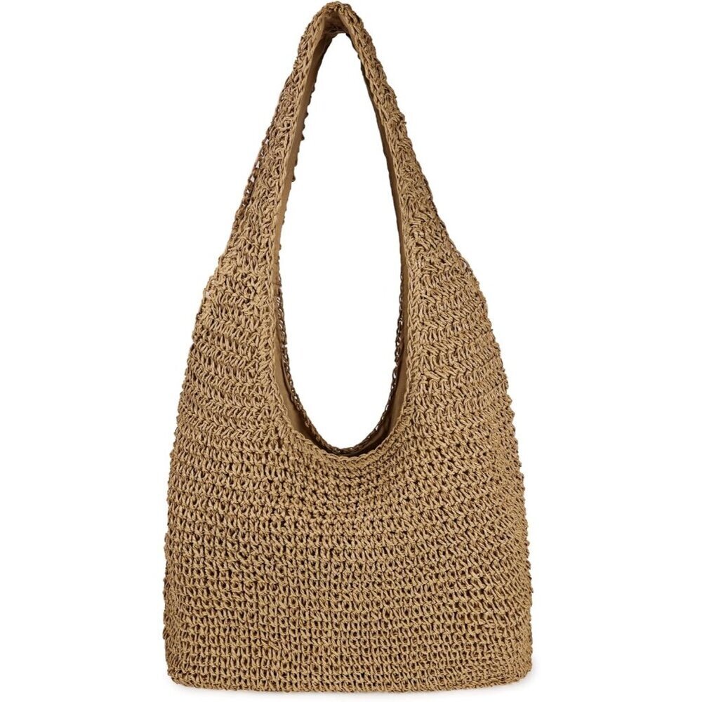 Women's Khaki Large Straw Beach Bag Handmade Woven Shoulder Hobo Tote Handbag